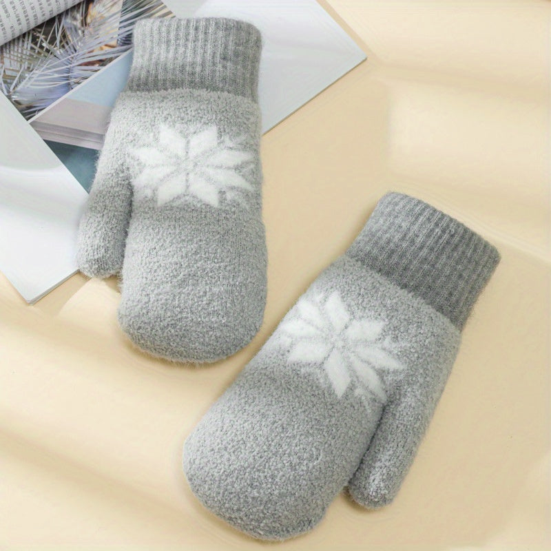 1 Pair Cashmere-Blend Knitted Mittens - Soft Beige Snowflake Design Winter Gloves, Thick Warm & Windproof for Outdoor Use, Hand Wash or Dry Clean, Winter Clothes